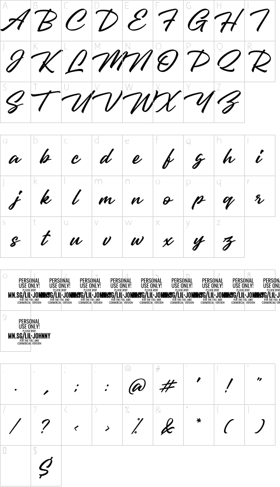 Lil Johnny PERSONAL USE ONLY Regular font character map