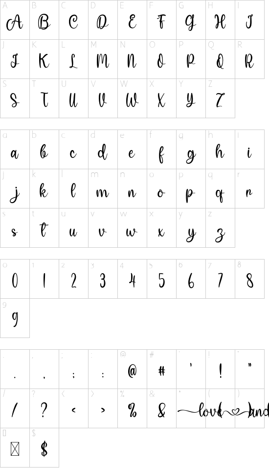 Love Andine Demo font character map