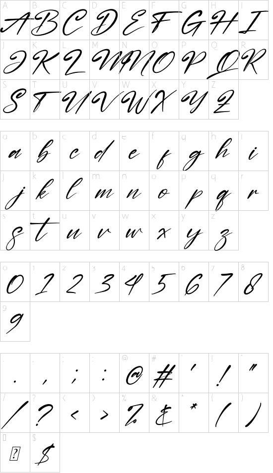 Nestone Italic font character map