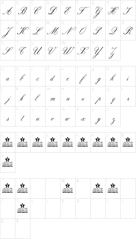 ROSEMARRYE SCRIPT PERSONAL USE Italic font character map