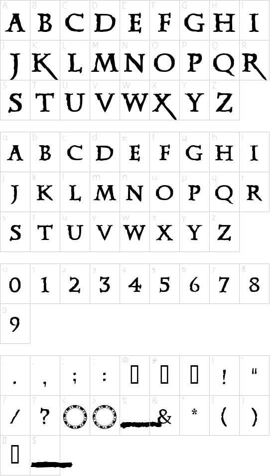 Xena font character map