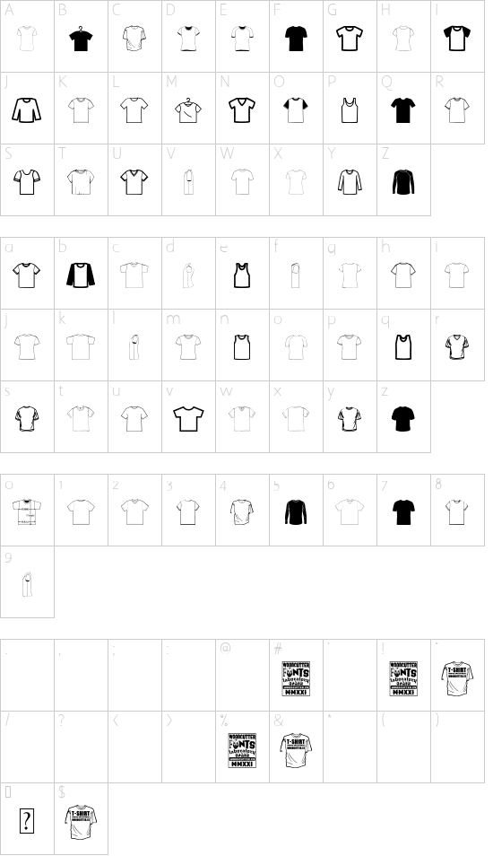 T-shirt font character map