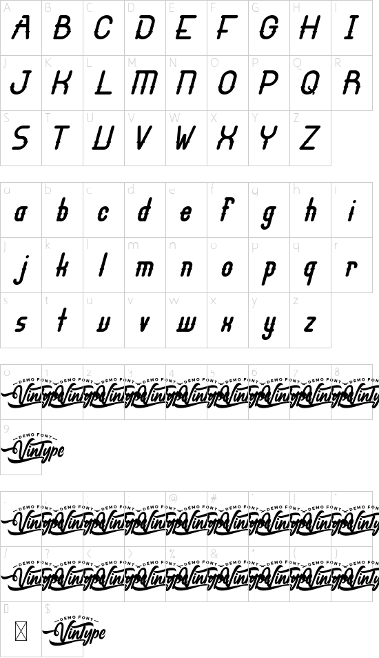 Dean Bradley Demo Italic font character map