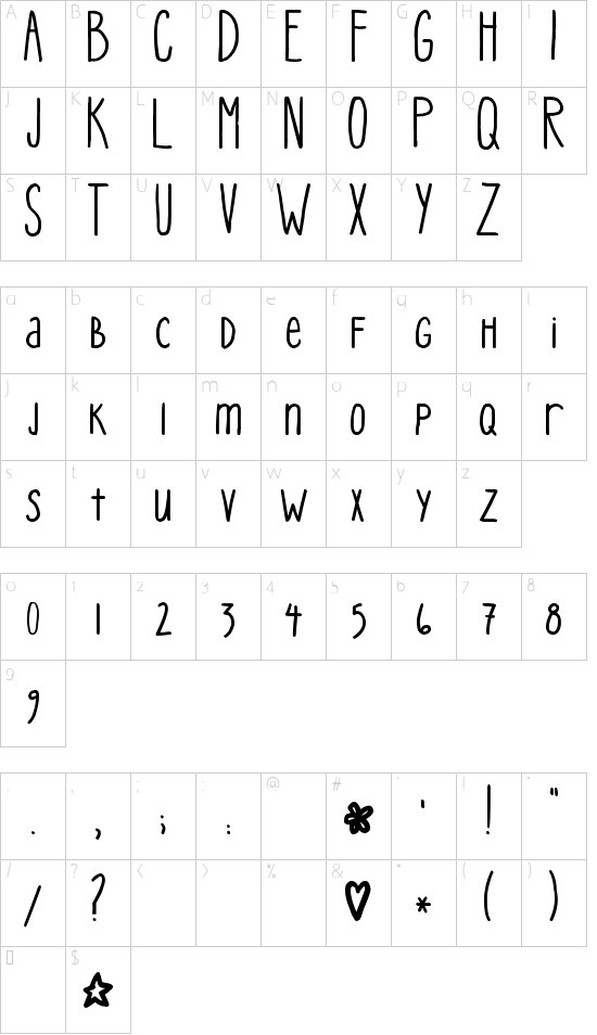 Pea Mystie font character map