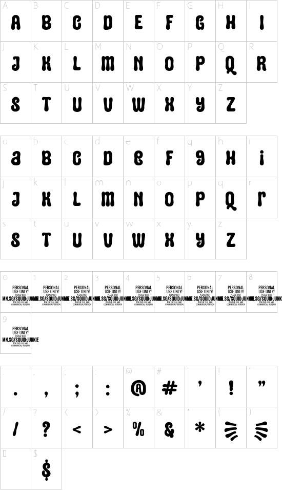 Squid Junkie PERSONAL USE Regular font character map