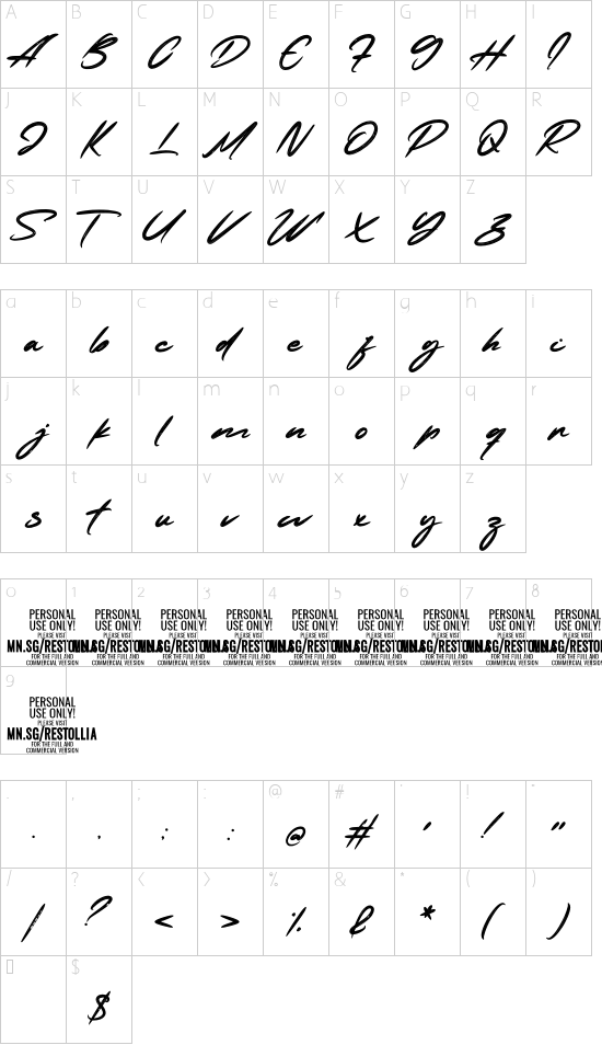 Restollia Script PERSONAL USE Regular font character map