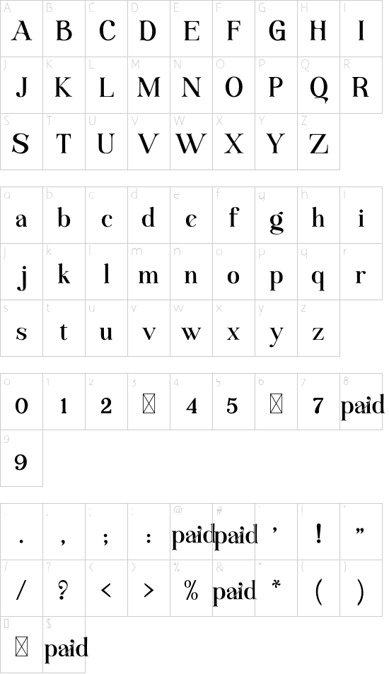 RAOSSANG font character map