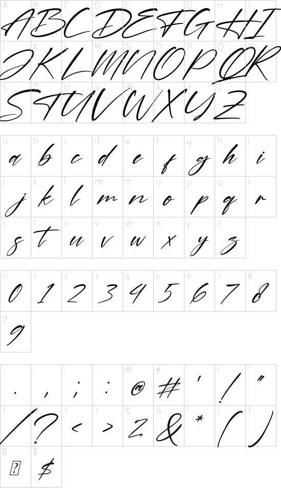 Delight Italic font character map