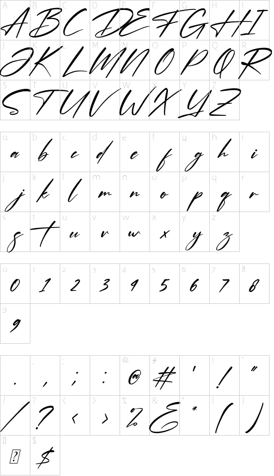 Optimistic Signature Italic font character map