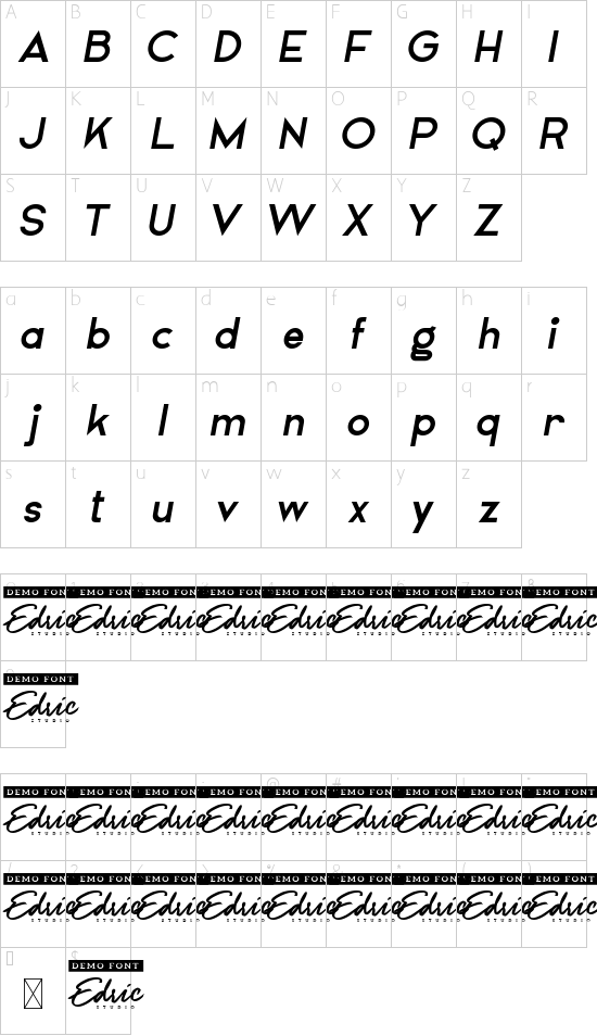 Airframe Demo Italic font character map