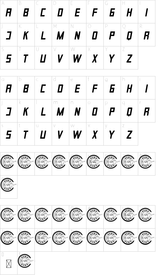 Evolutionary Demo Italic font character map