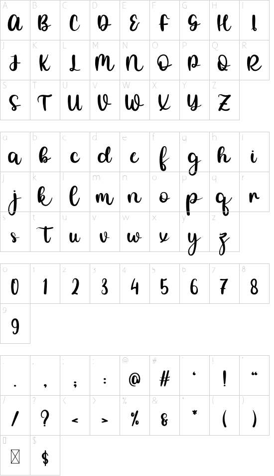 Blue Butterfly font character map
