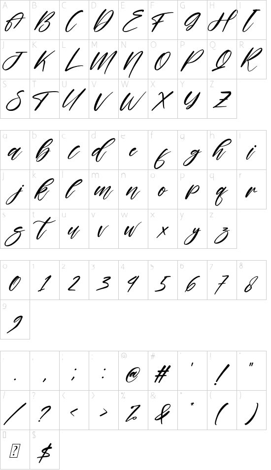 Boutique Italic font character map