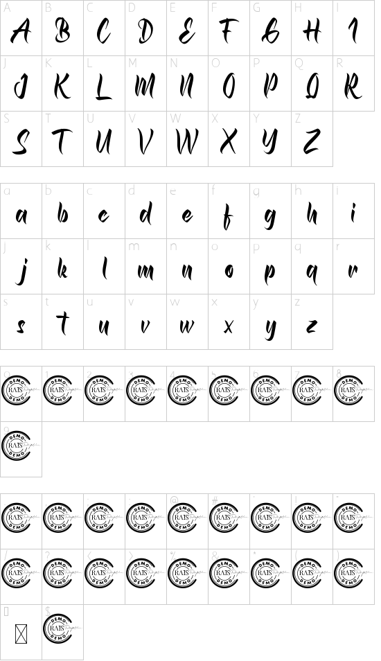 Bracknell F Demo font character map