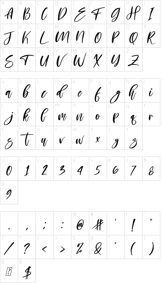 Hopelove Italic font character map