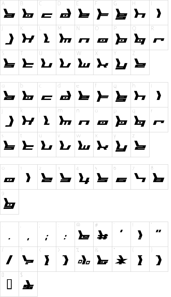 Biomechanic font character map