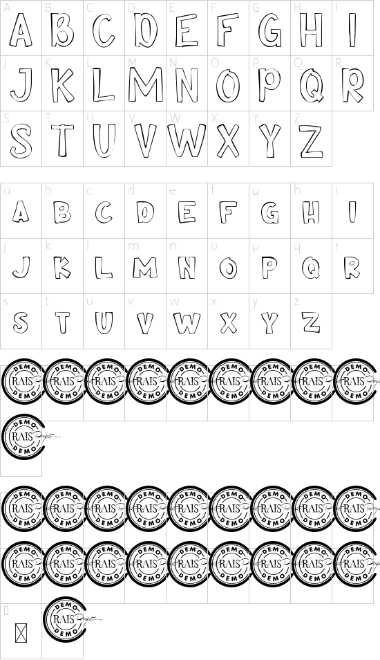 Comik Demo Outline font character map