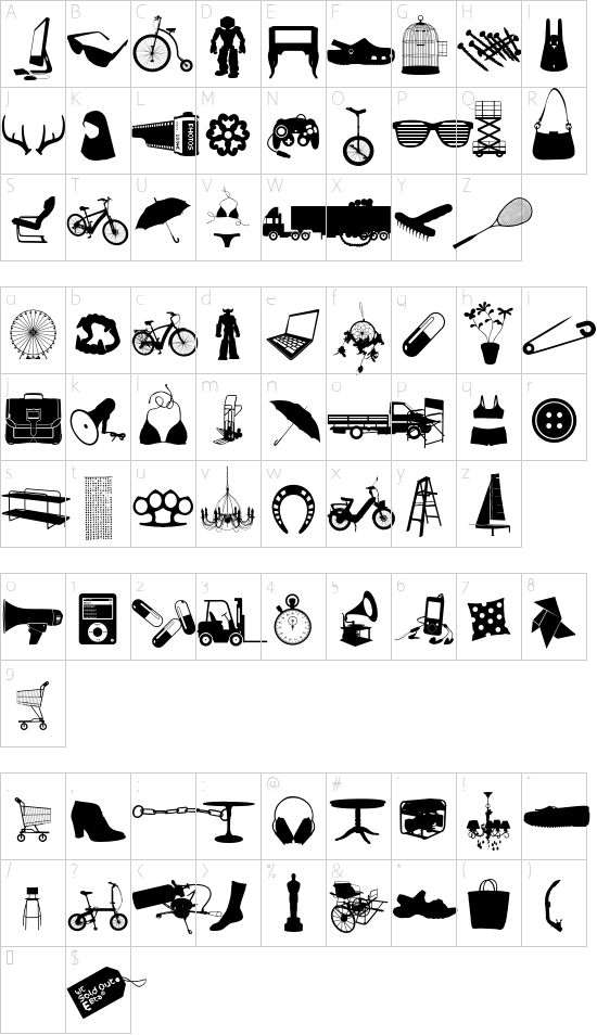 WC Sold Out E Bta font character map