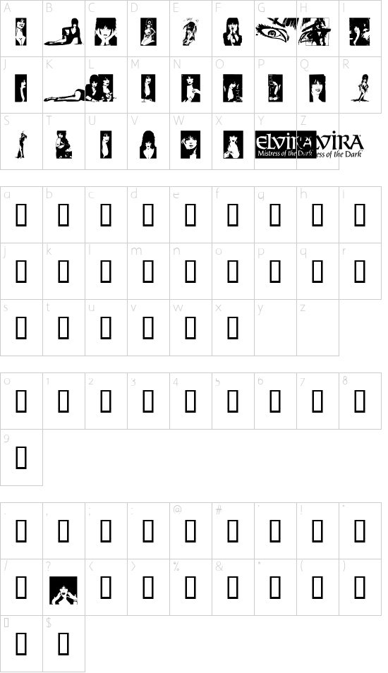 Elvira Dingbats font character map