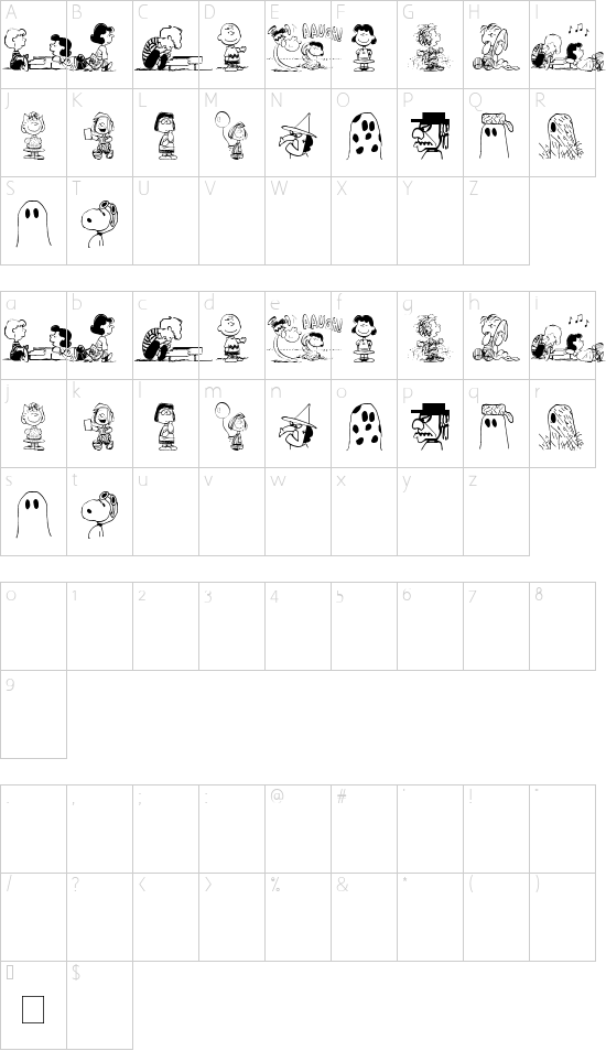 Peanuts Gang Dings font character map