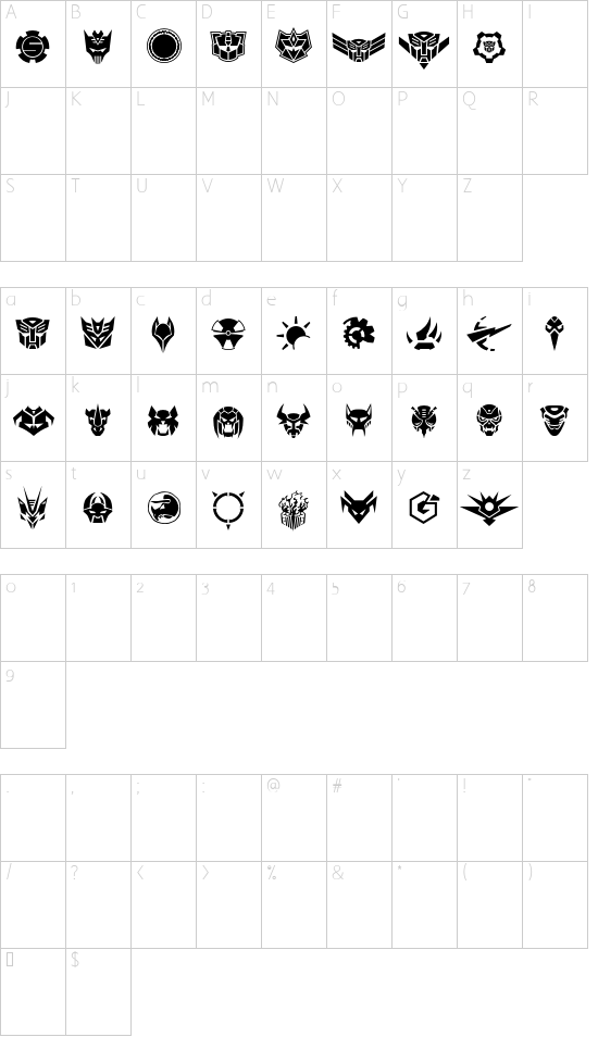 Robofan Symbols font character map