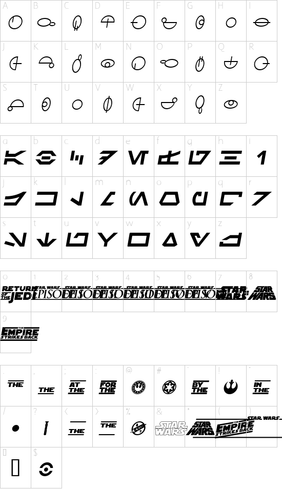 SF Distant Galaxy Symbols Italic font character map