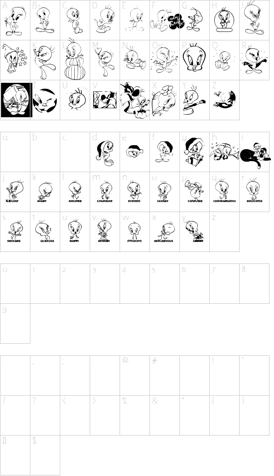 Totally Tweetie font character map