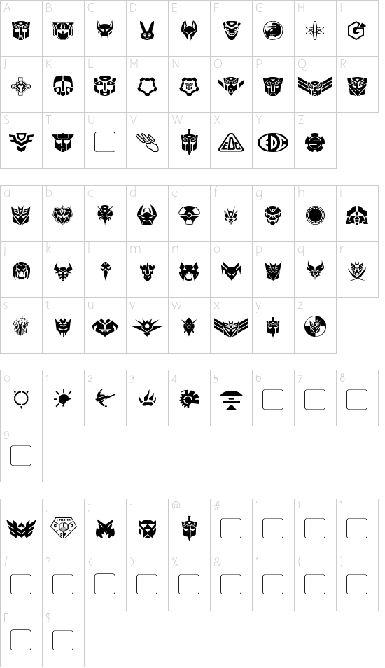 Transdings font character map