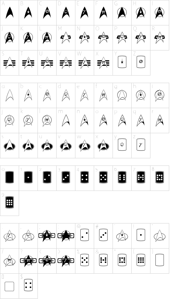 TrekArrowheads font character map