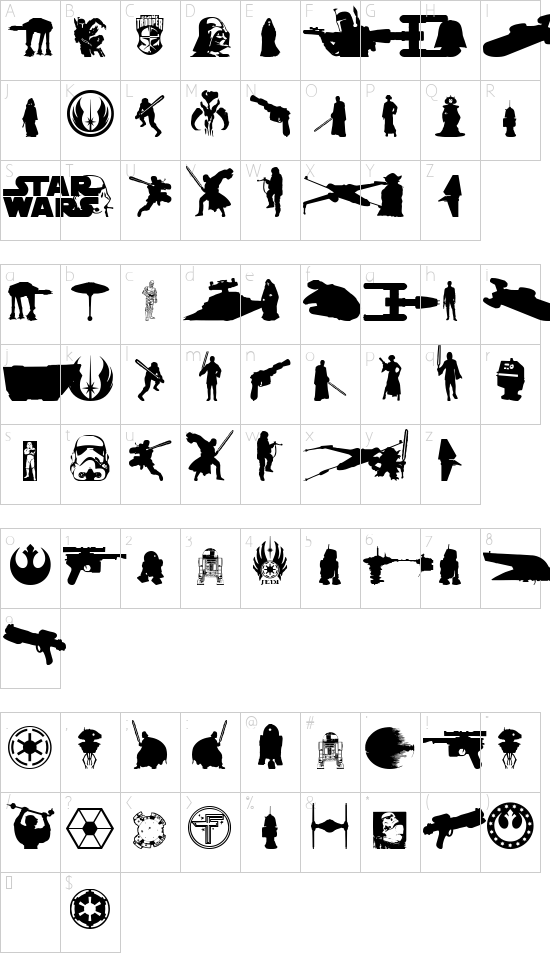 Galaxy Far Far Away font character map