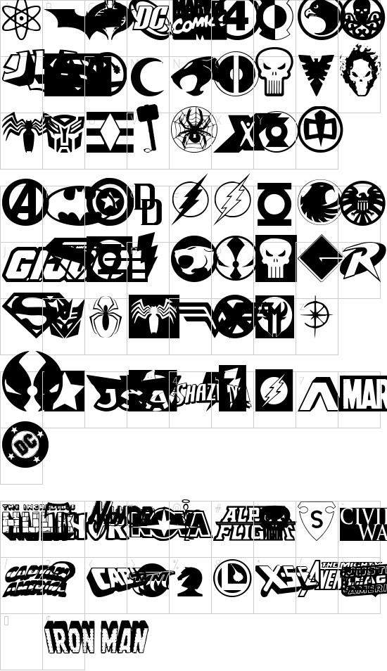 Hall of Heroes font character map