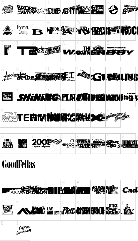 Movie Gallery font character map