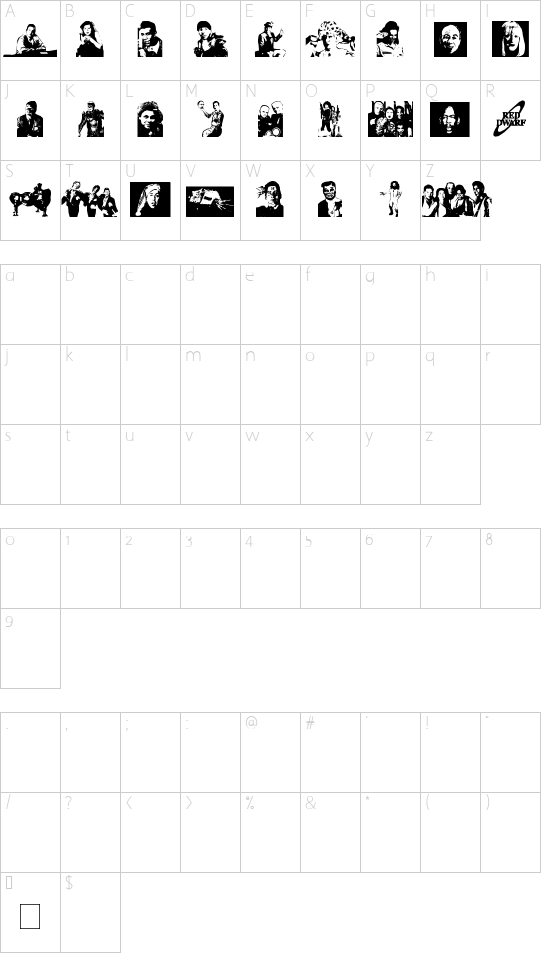 RED DWARF CHARACTERS font character map