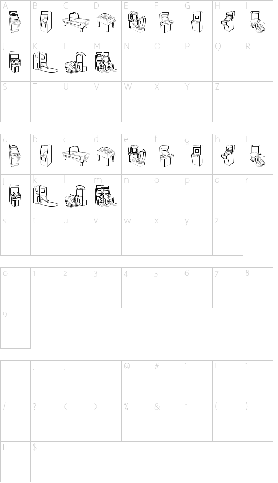 Arcarde Video Games font character map