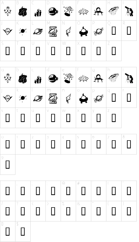 KR Out Of This World font character map