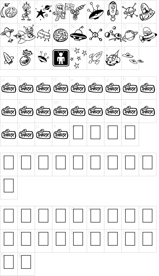 Space Shop font character map