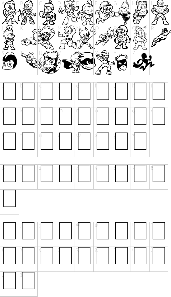 Tiny Heroes font character map