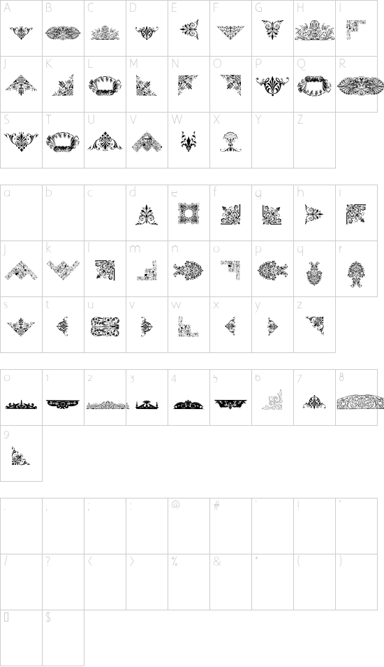 Victorian Free Ornaments font character map
