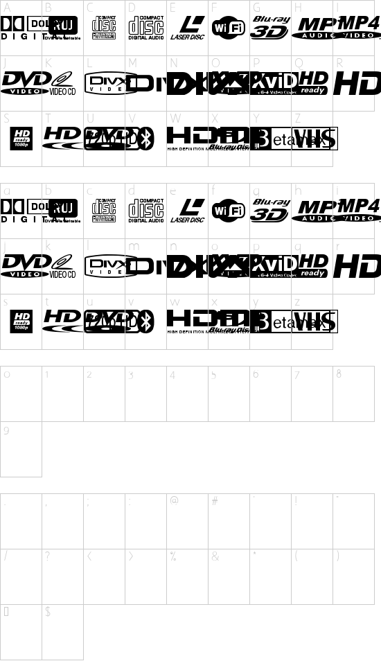 TI logoso TFB font character map