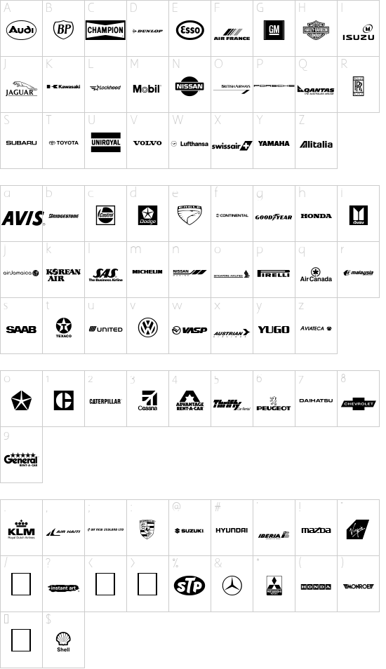 Transport Regular font character map