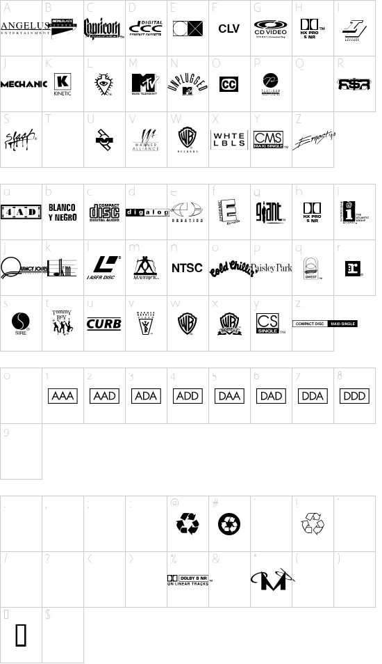 WarnerLogoFontNine font character map