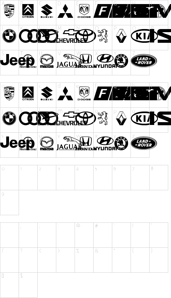 logocarsbats tfb font character map