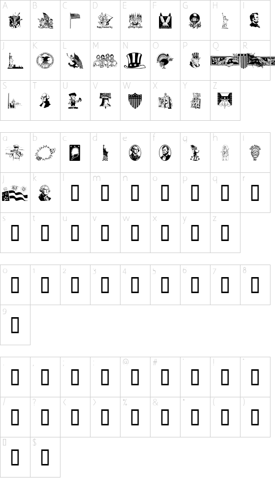 Americanic font character map