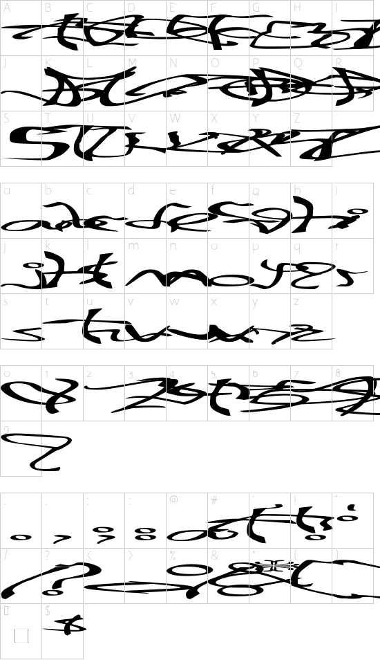 001 Stretched-Strung Very Wide font character map