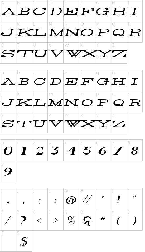 Rider Widest Ultra-expanded Light Italic font character map