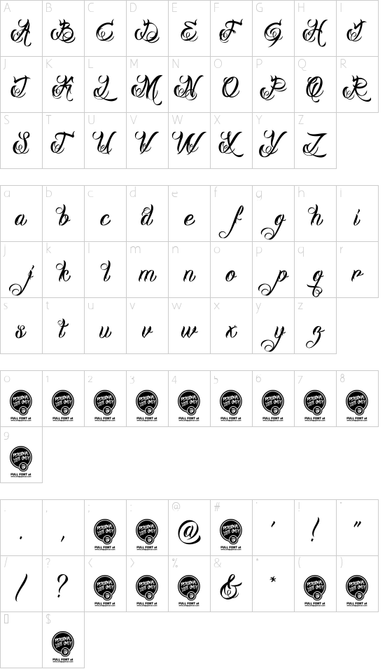 DHF Milestone Script Demo font character map