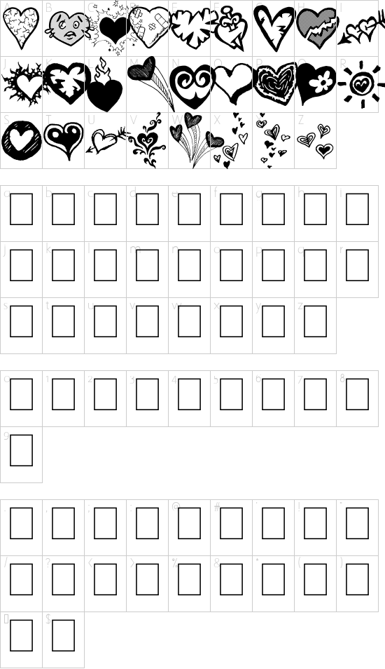 Broken Hearts font character map