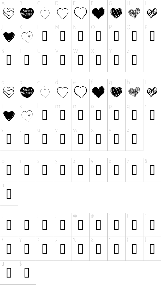 KR Heartfelt font character map