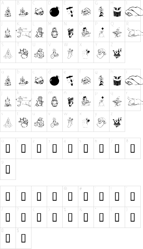 KR Christmas Dings 2004 font character map