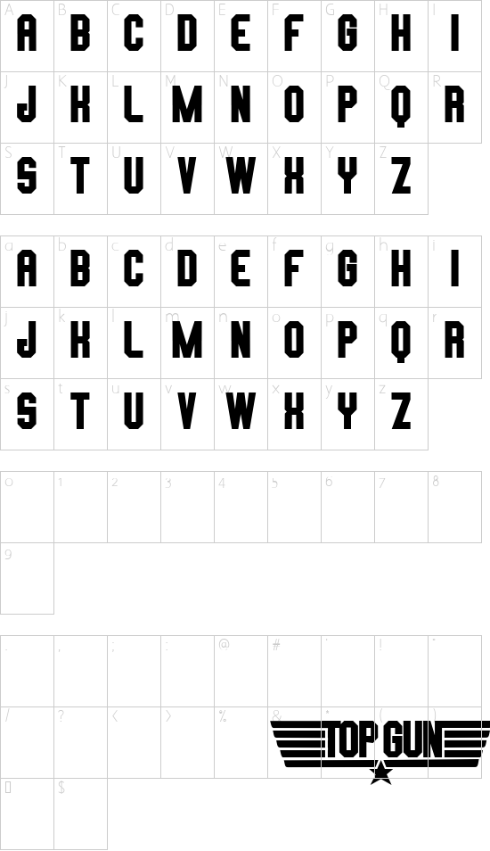 TOP GUN font character map